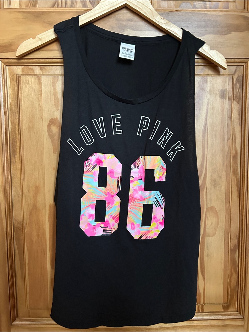 PINK Victoria's Secret Black Tank with Neon Floral '86' Graphic - Picture 1 of 5